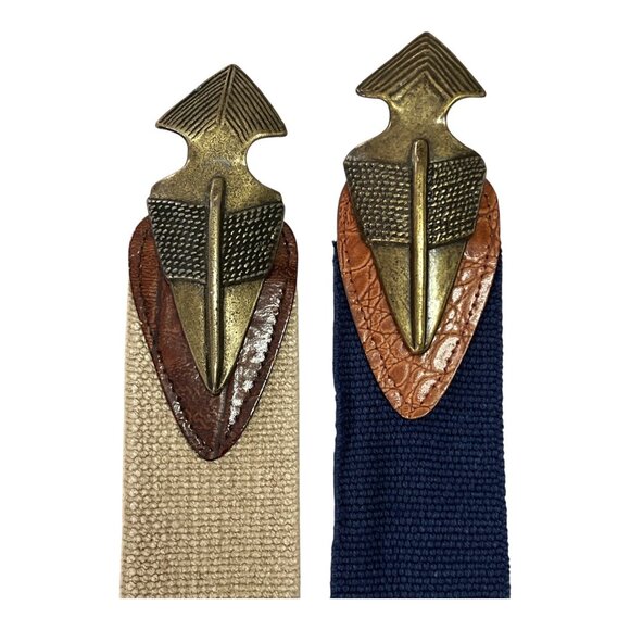 Vintage Omega Stretch Belts Small Set of 2 Canvas Elastic Brass Arrowhead Buckle - Picture 2 of 6